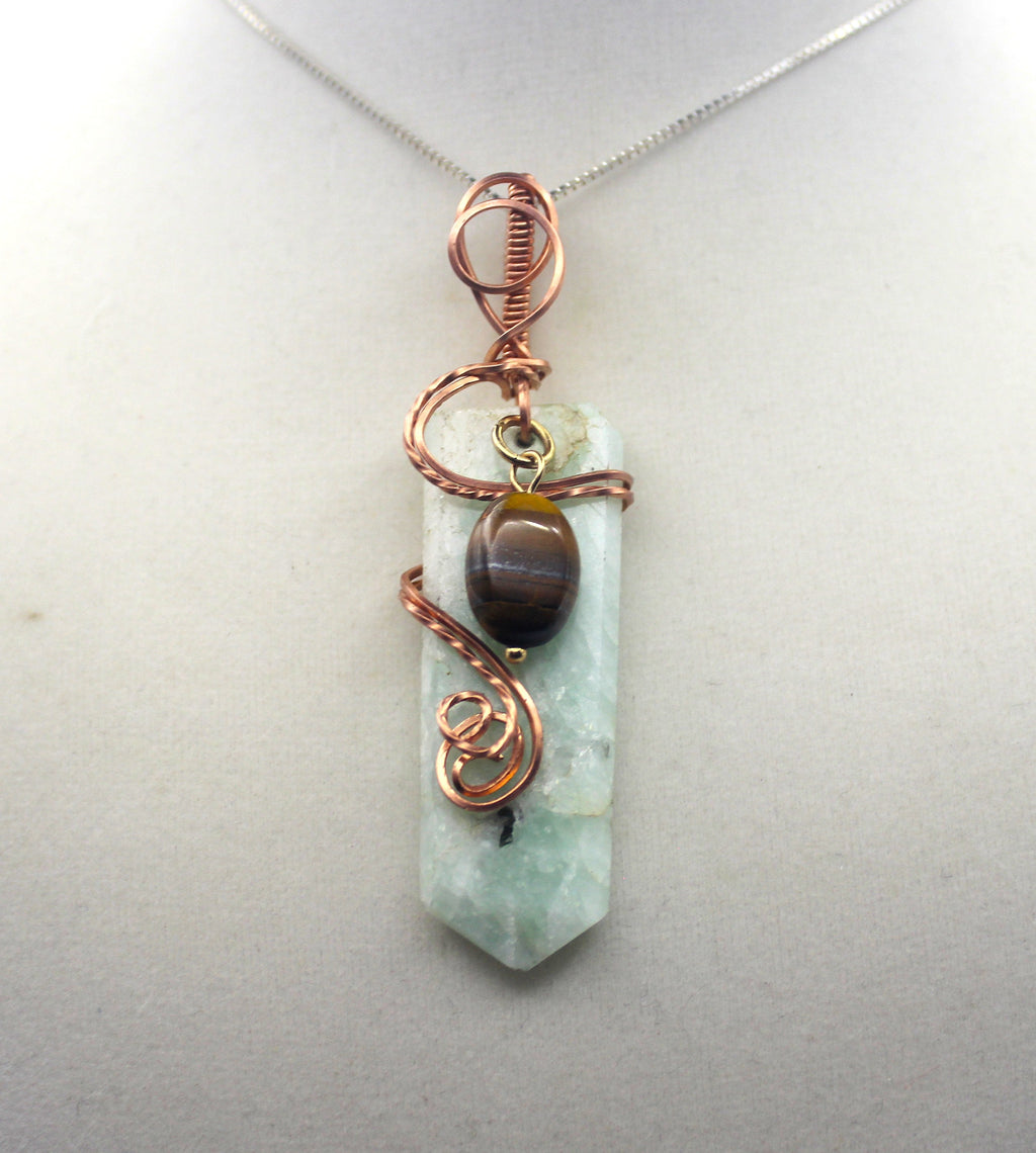 Raw Copper Drilled Amazonite Tiger's Eye Charmed Pendant Necklace