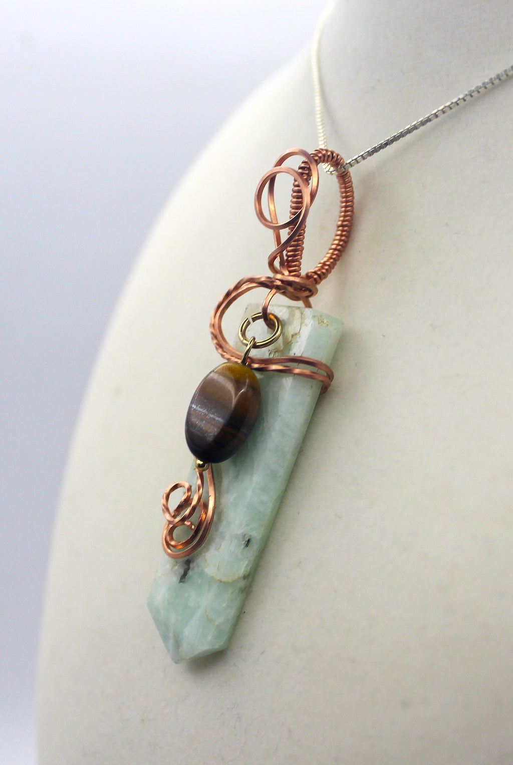 Raw Copper Drilled Amazonite Tiger's Eye Charmed Pendant Necklace