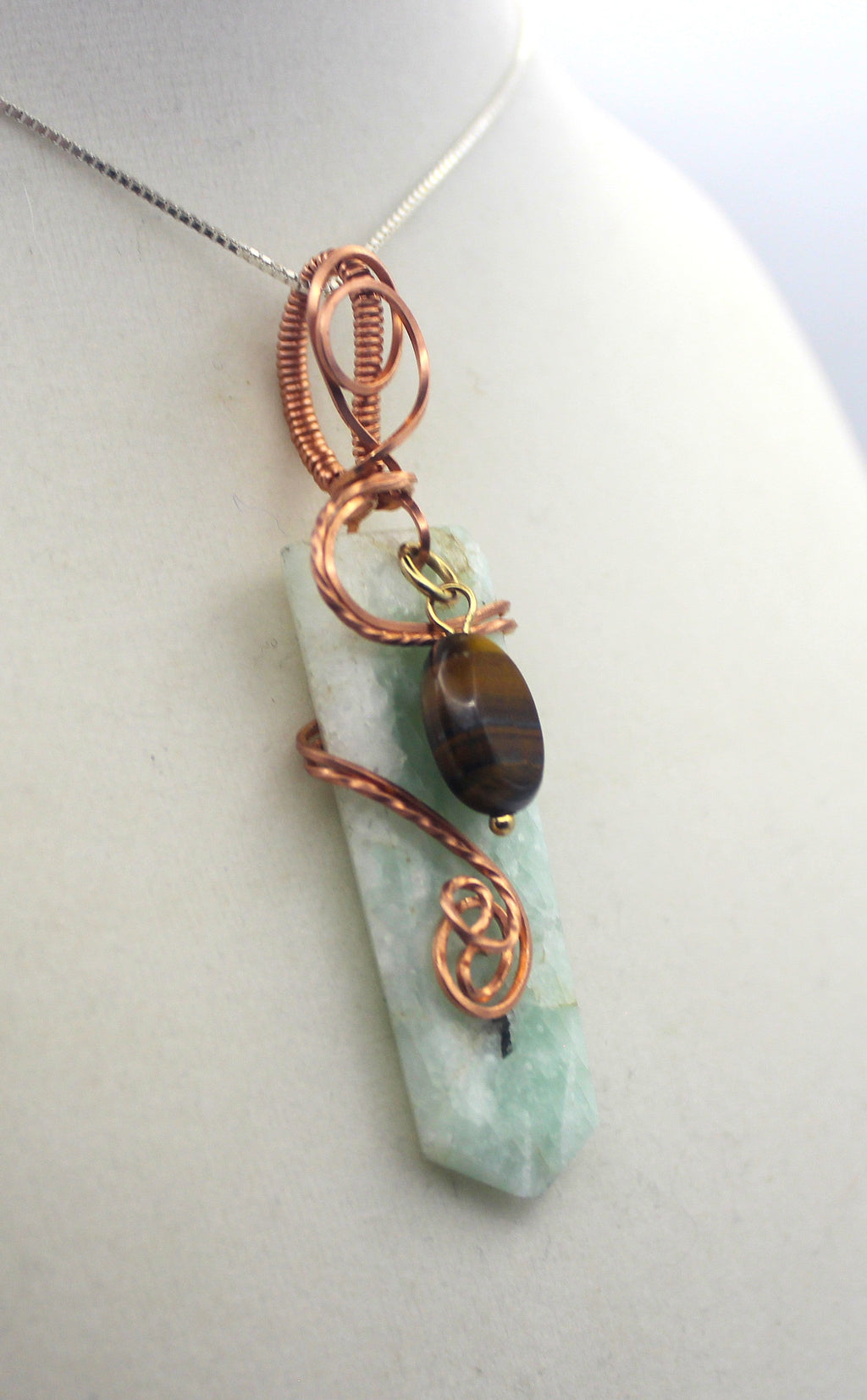 Raw Copper Drilled Amazonite Tiger's Eye Charmed Pendant Necklace