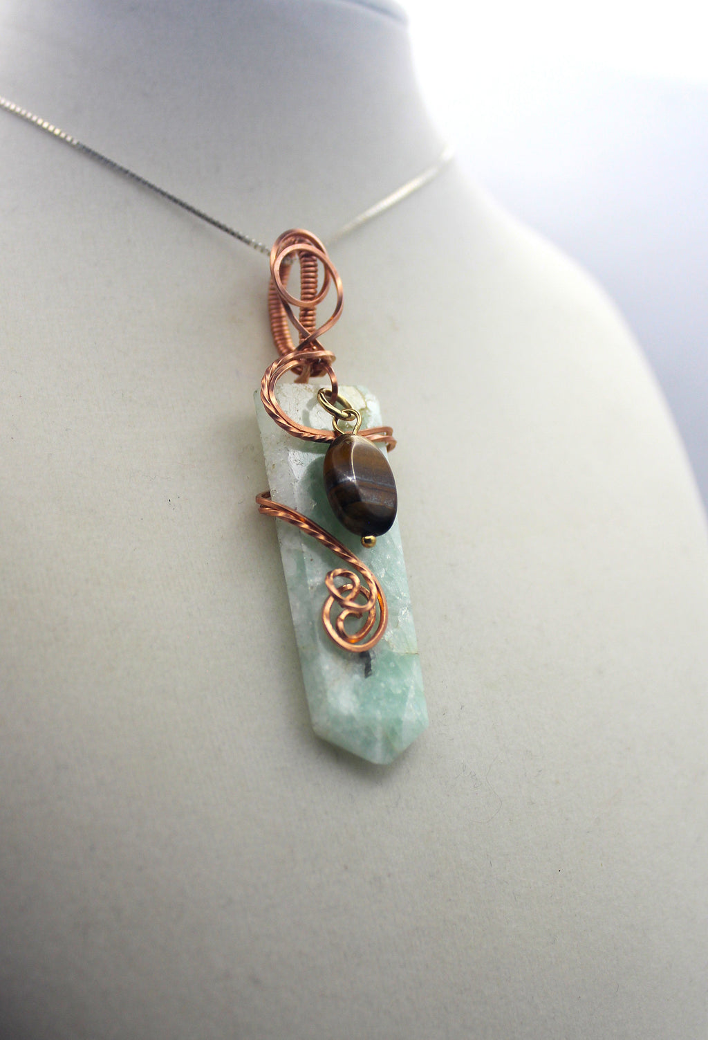 Raw Copper Drilled Amazonite Tiger's Eye Charmed Pendant Necklace