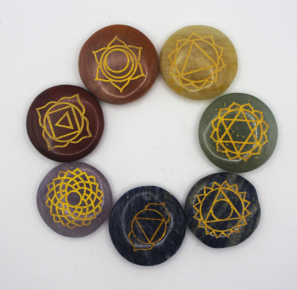Seven Stone Chakra Set – Engraved Gold Symbols for Balance & Alignment