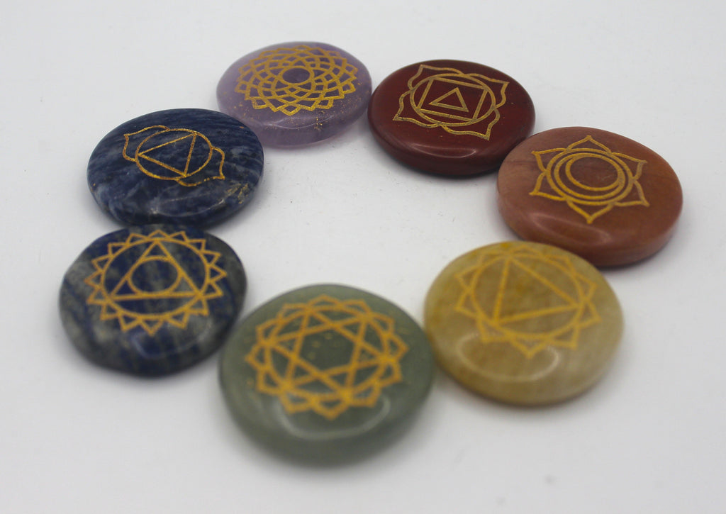 Seven Stone Chakra Set – Engraved Gold Symbols for Balance & Alignment
