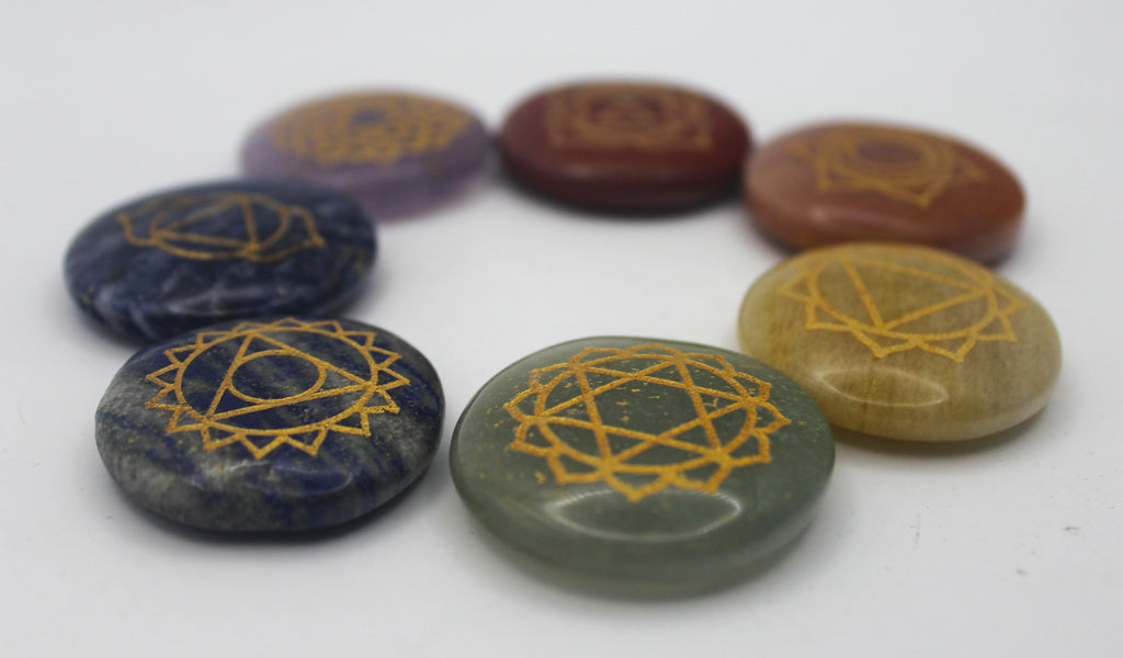 Seven Stone Chakra Set – Engraved Gold Symbols for Balance & Alignment