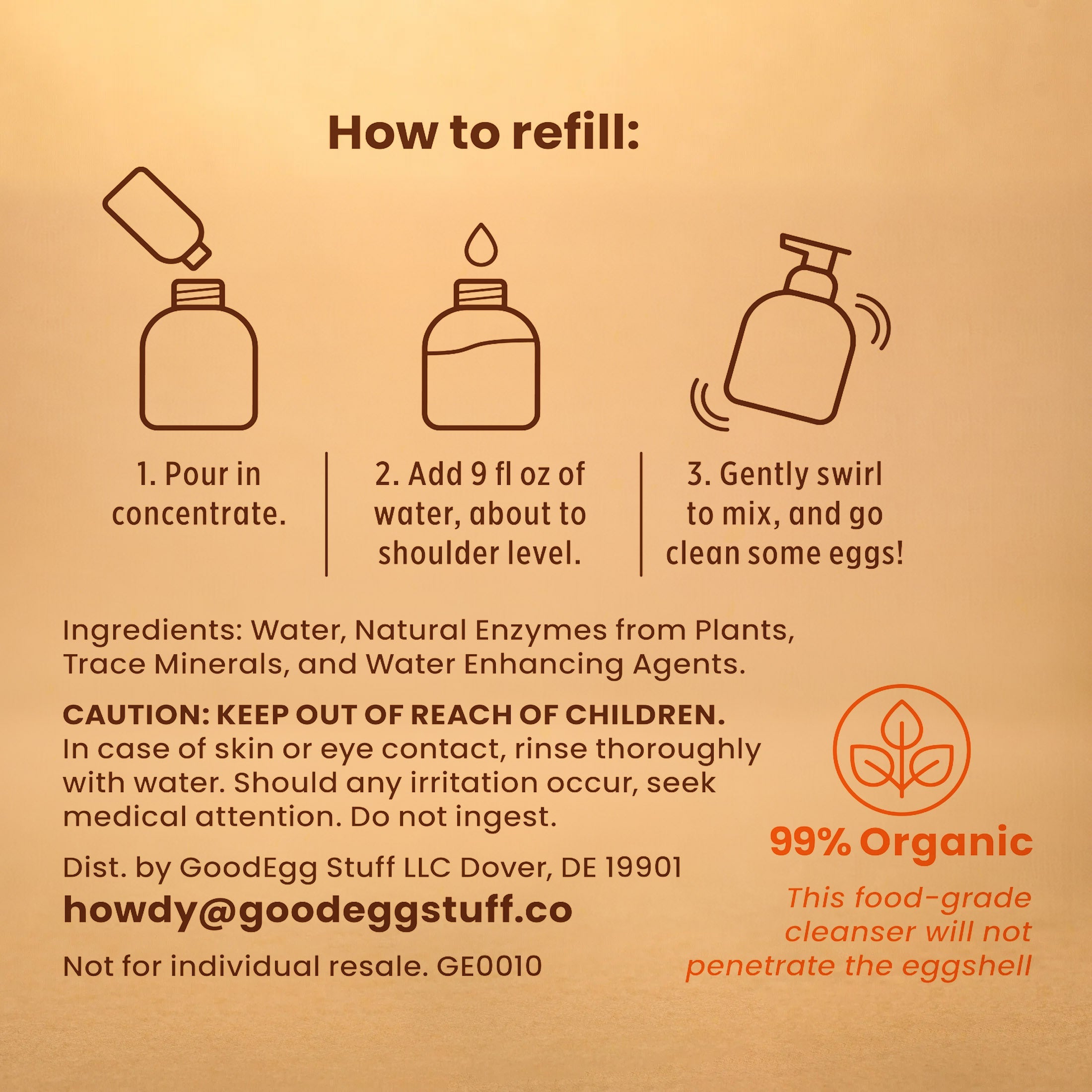 Refill instructions for GoodEgg® Enzyme Egg Cleanser concentrate showing three illustrated steps: pour concentrate into the reusable bottle, add 9 fl oz of water to the shoulder line, then gently swirl to mix. Image also includes ingredients (water, natural plant enzymes, trace minerals, and water-enhancing agents), safety cautions, distributor information, and a 99% organic food-grade formula note stating the cleanser will not penetrate the eggshell.
