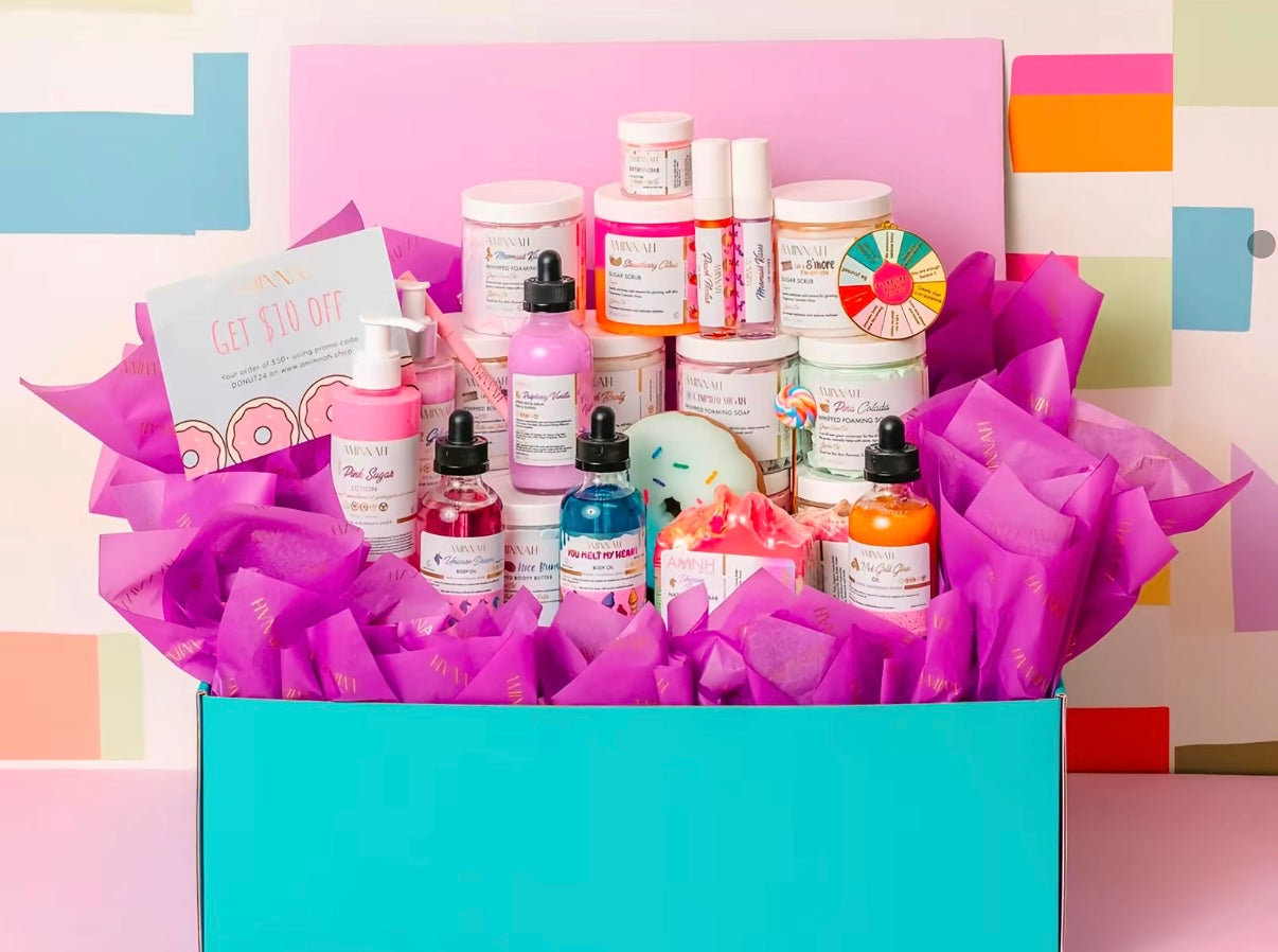 TikTok's #1 Mystery Box with 10 clean beauty and skincare essentials featuring cruelty-free, paraben-free, gluten-free, vegan formulas made with natural ingredients in recyclable packaging from a female-owned brand. Luxury self-care gift box for all skin types.