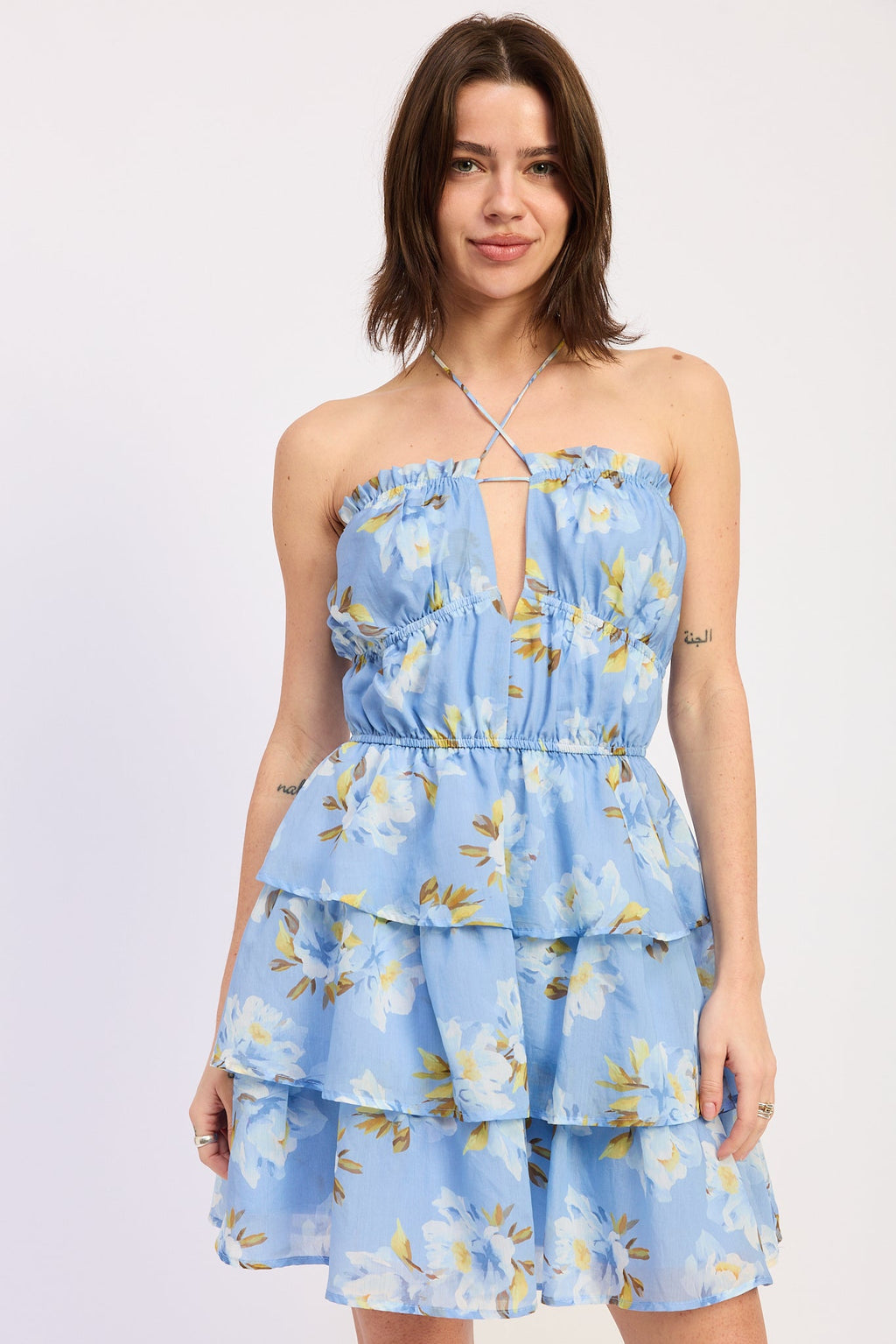 Talise Women's Blue Multi Designer Mini Dress – Luxury Light Blue Floral Tiered Ruffle Lyocell Summer Fashion Dress