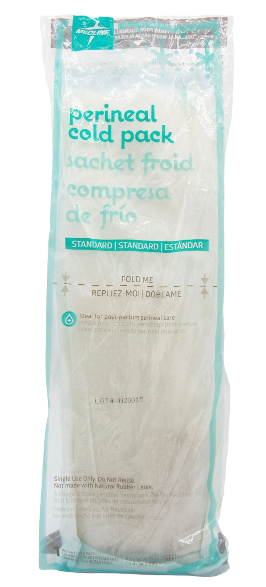 Perineal cold pack for postpartum recovery in sealed sterile packaging on a white background.