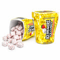 Ice Breakers Ice Cubes Strawberry Lemonade Sugar-Free chewing gum cups with strawberry lemonade flavored gum pieces spilled from container on a white background