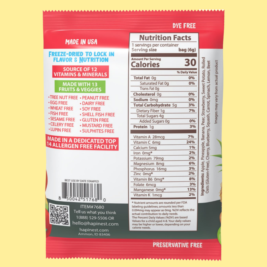 Back of a freeze-dried fruit and vegetable snack packet showing nutrition facts, ingredients, and allergen information on a pale yellow background. Tree Nut-Free, Peanut-Free, Egg-Free, Dairy-Free, Wheat-Free, Fish-Free, Sesame-Free, Celery-Free, Lupin-Free, Soy-Free, Shell-Fish Free, Gluten-Free, Mustard-Free, Sulphites-Free. Made with 13 fruits and veggies, source of 12 vitamins and minerals. Made in a dedicated top 14 allergen free facility.