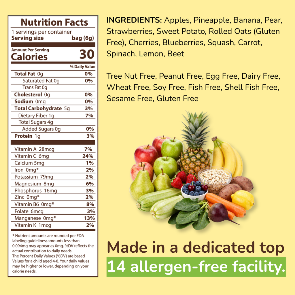 A product information graphic with a Nutrition Facts panel on the left and ingredients list on the right, plus a central fruit-and-vegetable illustration and a 'Made in a dedicated 14 allergen-free facility' badge on a pale yellow background. Tree Nut-Free, Peanut-Free, Egg-Free, Dairy-Free, Wheat-Free, Fish-Free, Sesame-Free, Celery-Free, Lupin-Free, Soy-Free, Shell-Fish Free, Gluten-Free, Mustard-Free, Sulphites-Free. Made with 13 fruits and veggies, source of 12 vitamins and minerals. 