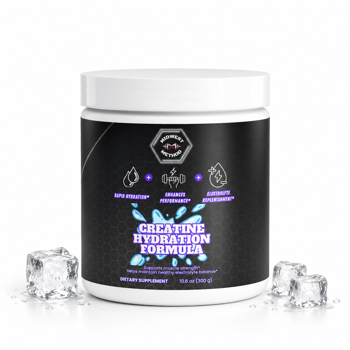 A white plastic tub of 'Honest Nutrition' Creatine Hydration Formula with a black label, styled with ice cubes on a clean white background.