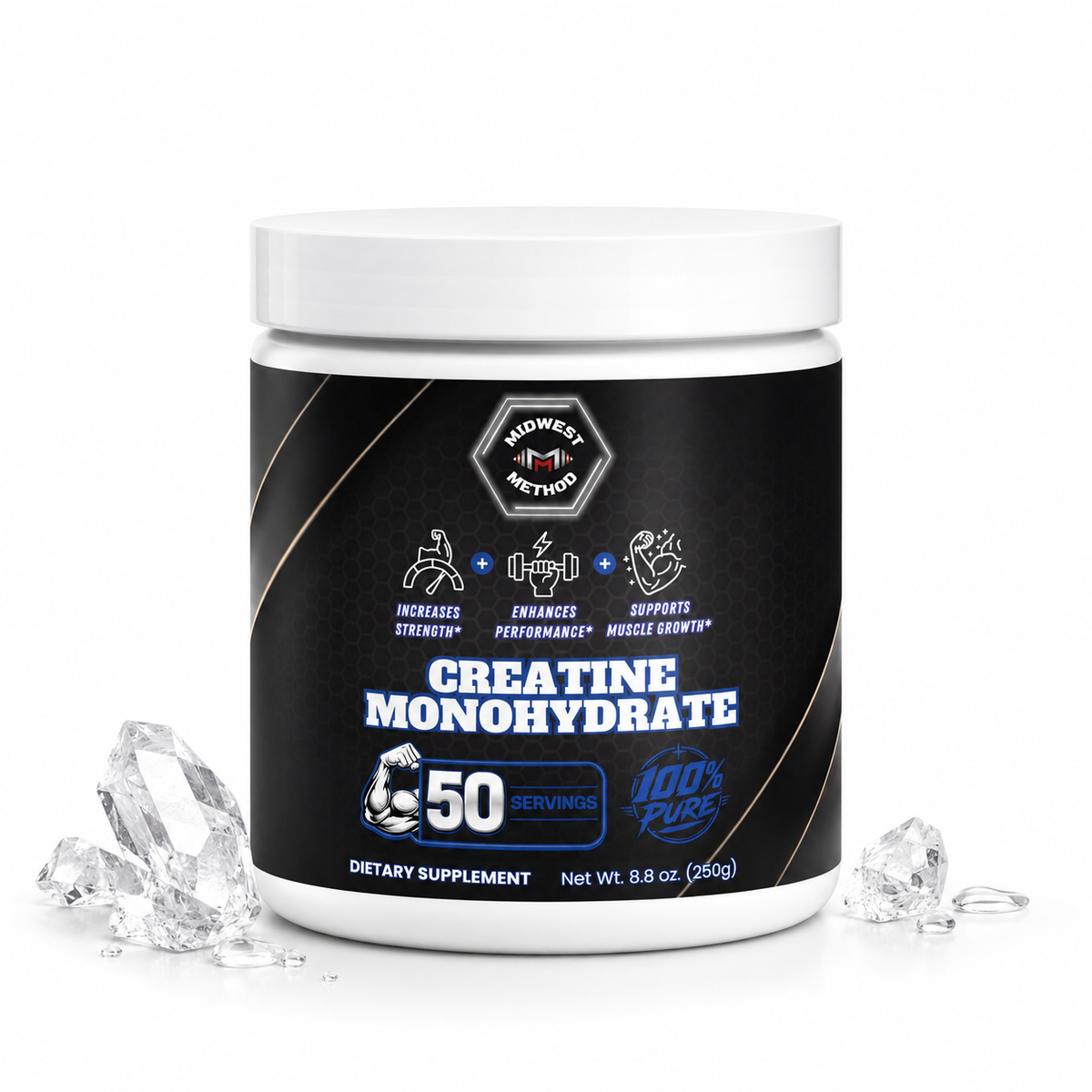 A white tub of Mined Method Creatine Monohydrate dietary supplement with a black label, shown on a white background with decorative ice crystals on both sides.