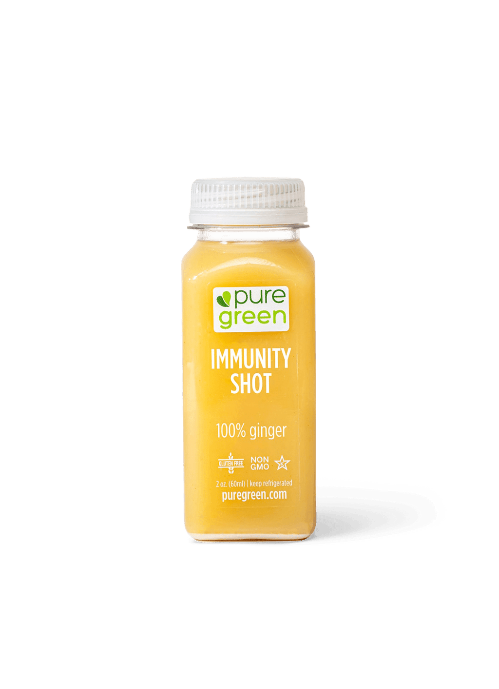Pure Green Immunity Shot cold-pressed wellness juice with 100% ginger in a 2 oz bottle on a transparent background. Non-GMO, gluten-free, vegan juice shot crafted to support everyday wellness.