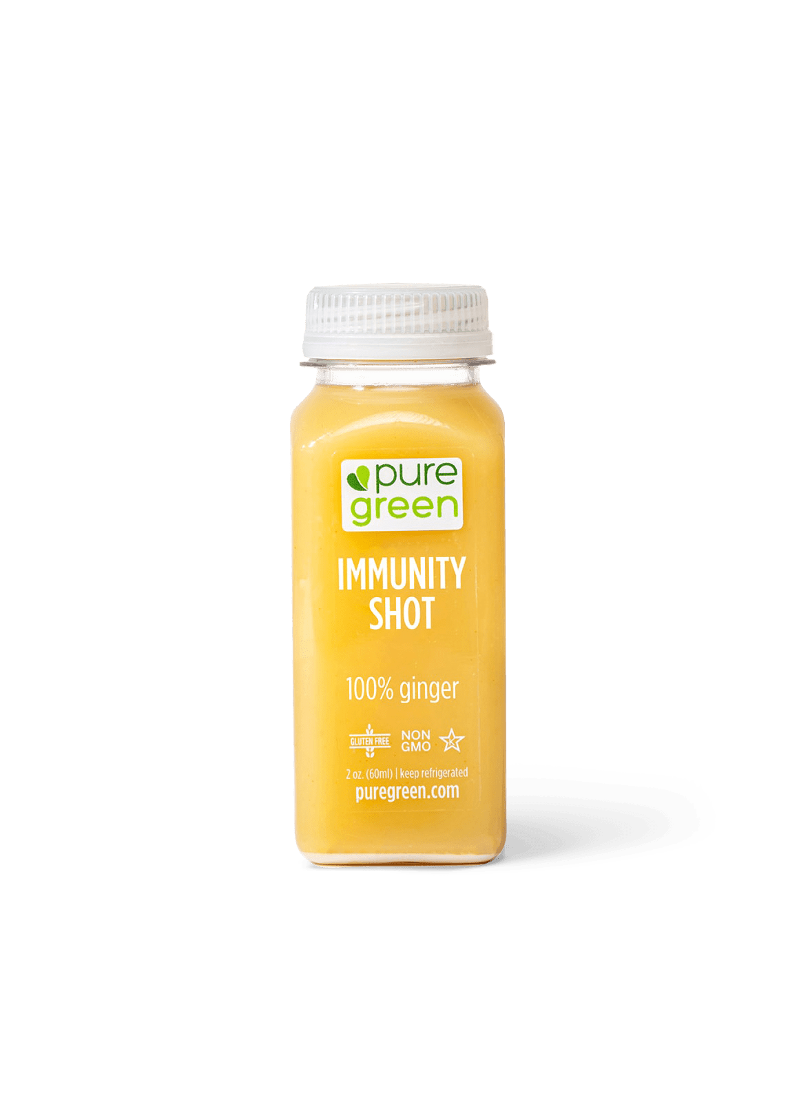 Pure Green Immunity Shot cold-pressed wellness juice with 100% ginger in a 2 oz bottle on a transparent background. Non-GMO, gluten-free, vegan juice shot crafted to support everyday wellness.