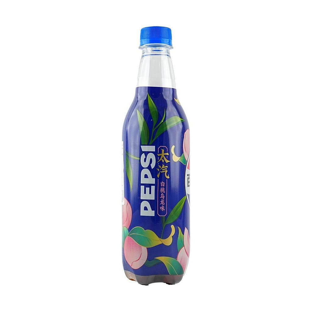 aImported Pepsi White Peach Oolong soft drink bottle with blue label, white peach illustrations, and blue cap on a white background, imported Japanese sparkling peach and oolong flavored soda, 500ml beverage.
