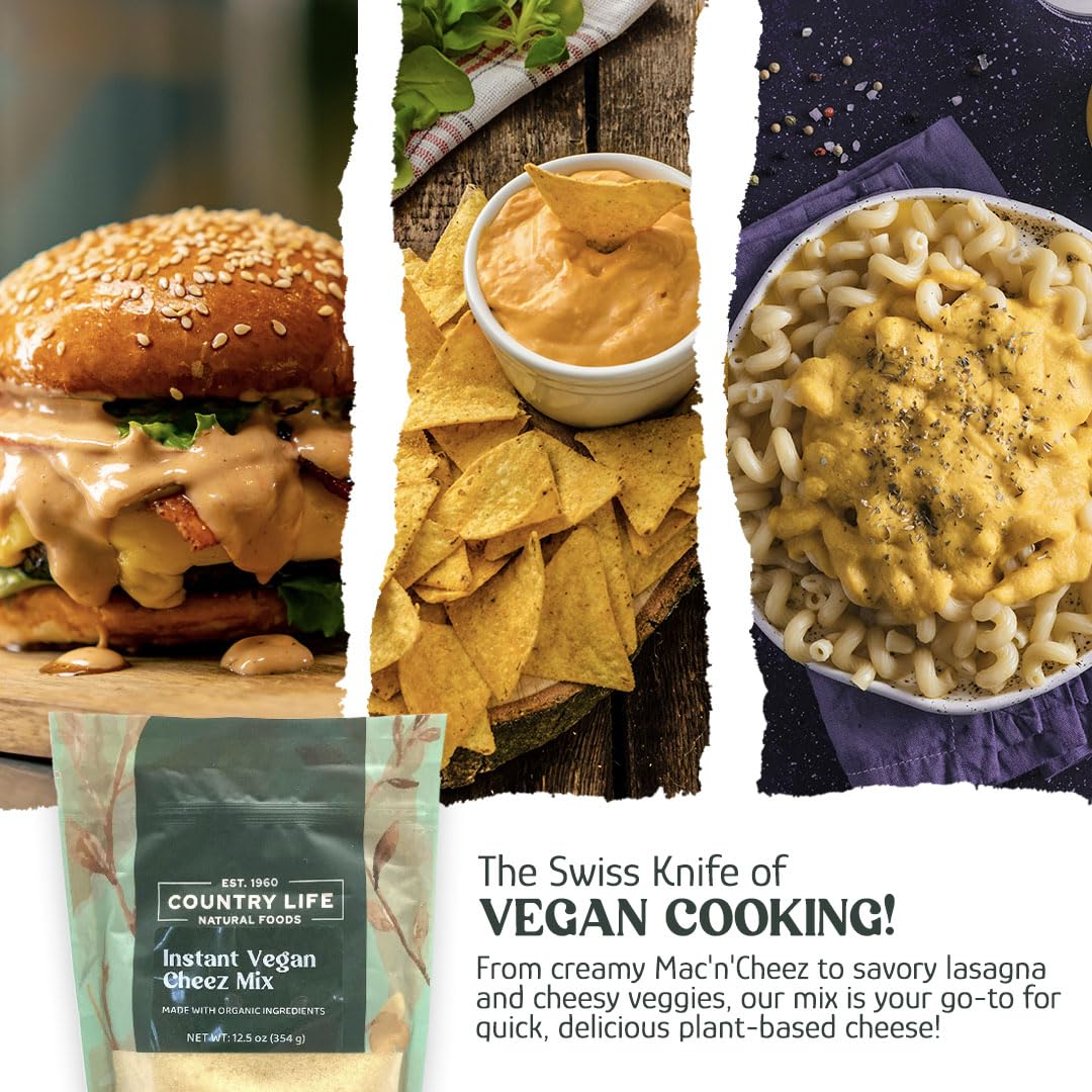 Collage featuring a vegan cheeseburger, tortilla chips with creamy vegan cheese dip, and macaroni topped with dairy-free cheese sauce alongside Country Life Natural Foods Instant Vegan Cheez Mix, showcasing versatile plant-based cheese alternatives for burgers, nachos, pasta, and everyday vegan cooking. Veggie chip dip
