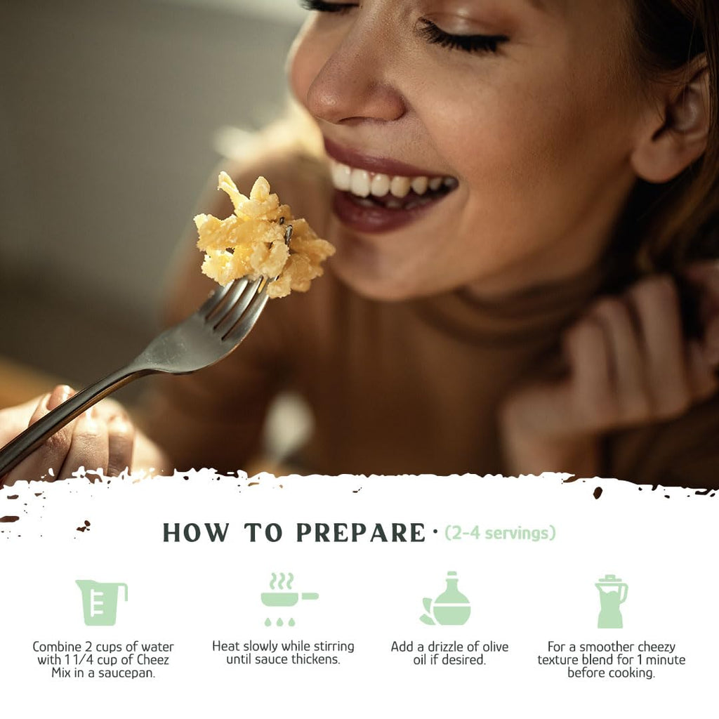 Smiling woman enjoying a forkful of creamy vegan mac and cheese made with instant vegan cheese mix. Veggie chip dip