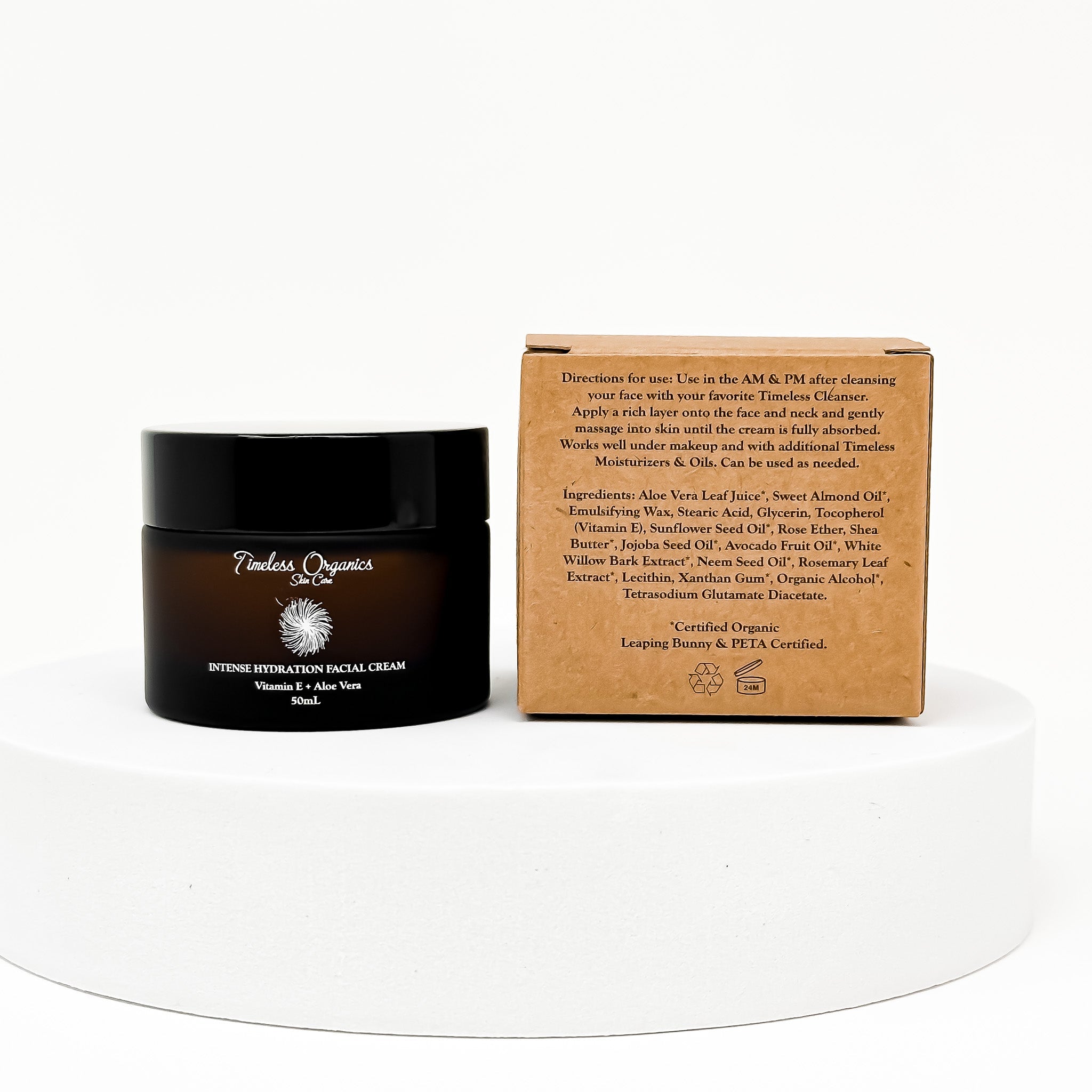 Jar of Timeless Organics Intense Hydration Facial Cream with packaging on a white background