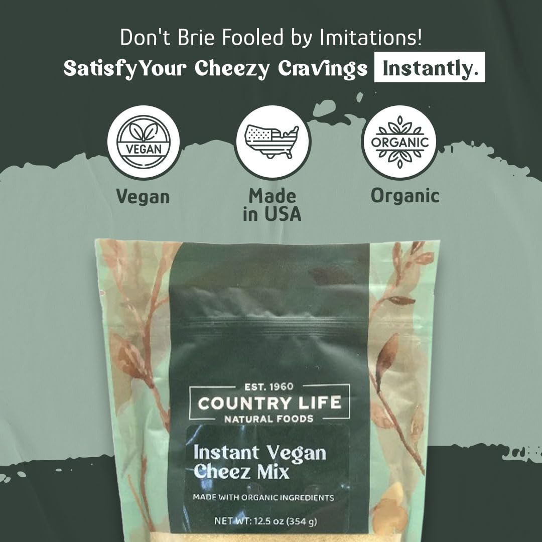 Country Life Natural Foods Instant Vegan Cheez Mix package with vegan, made in USA, and organic icons on a green background promoting a dairy-free cheese alternative. Veggie chip dip