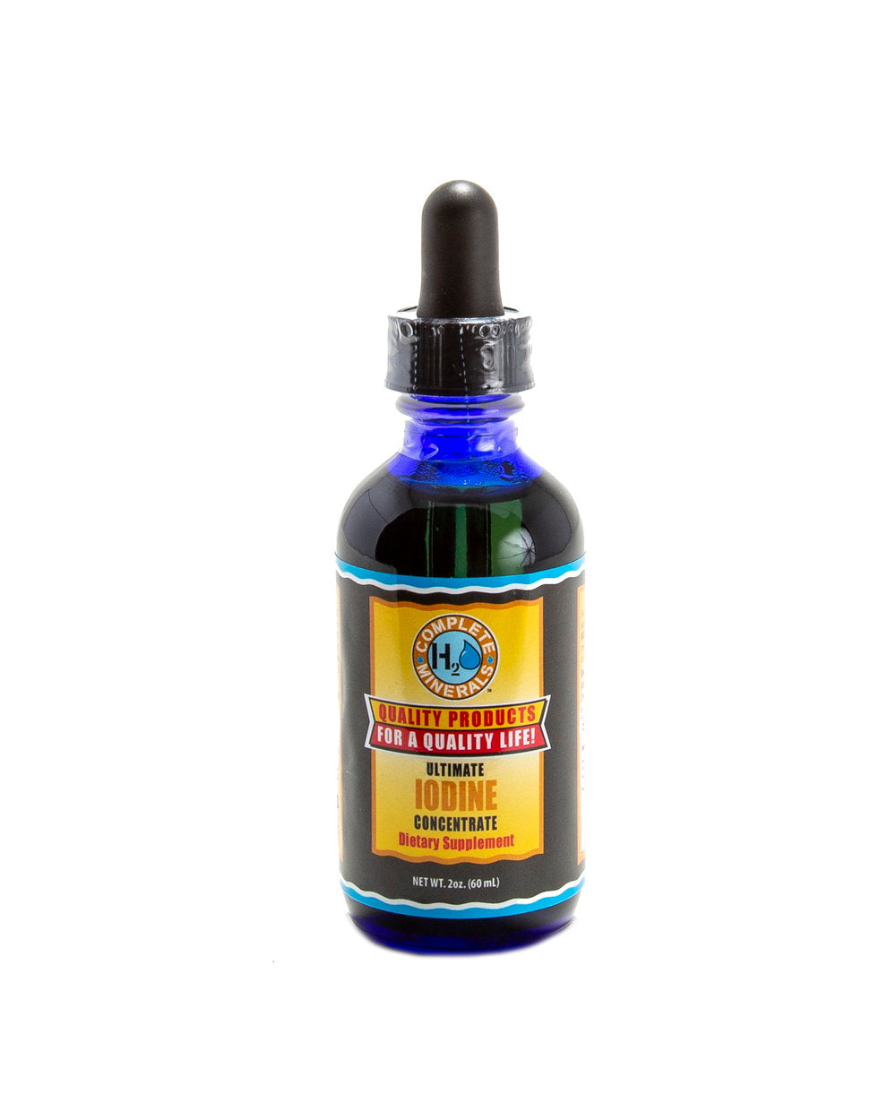 Bottle of Ultimate Iodine Concentrate with a dropper on a white background