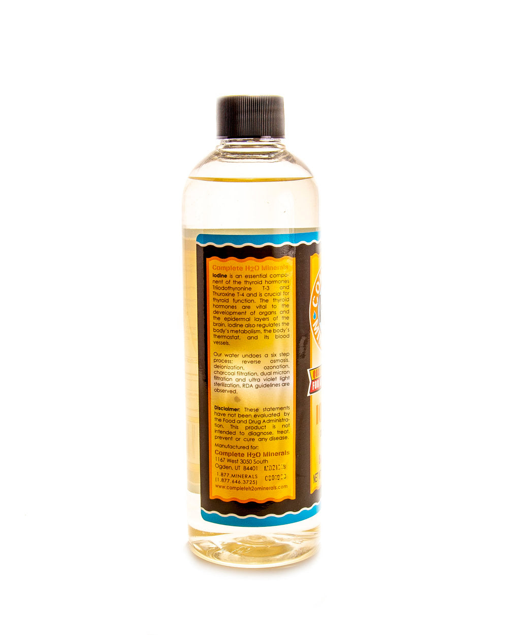 Clear bottle with a black cap and label on a white background. Iodine is an essential component of the thyroid hormones Triiodothyronine T-3 and Thuroxine T-4 and is crucial for thyroid function. The thyroid hormones are vital to the development of organs and the epidermal layers of the brain. Iodine also regulates the body’s metabolism, the body’s thermostat, and its blood vessels.