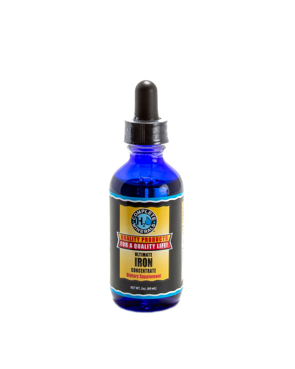 Blue bottle with black cap on a white background
