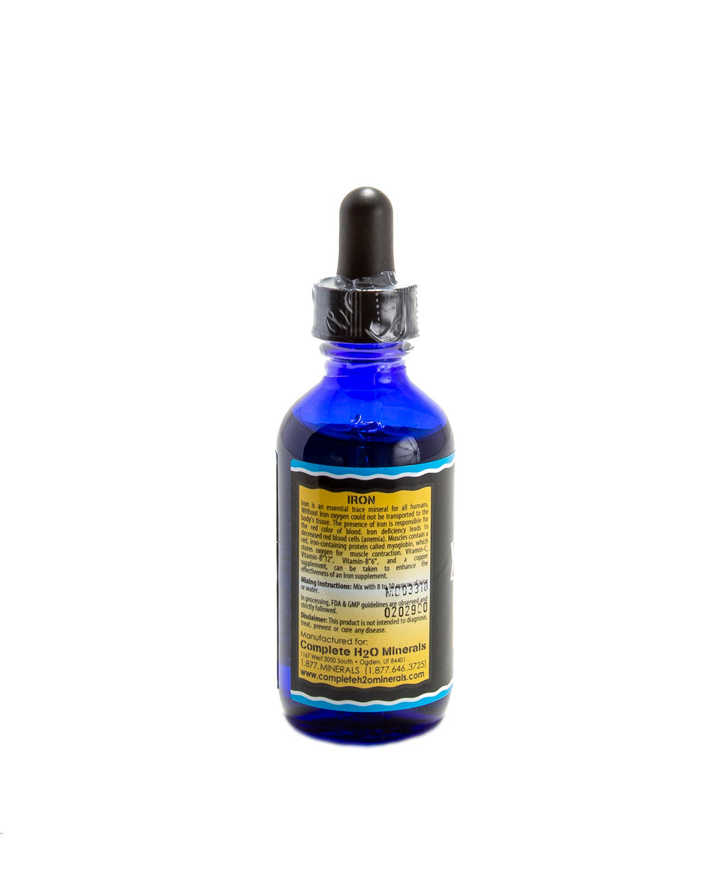 Blue glass dropper bottle with a label on a white background