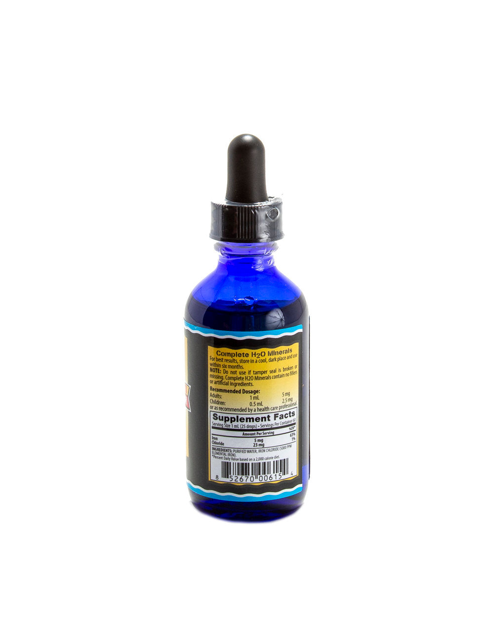 Blue glass bottle with a dropper on a white background