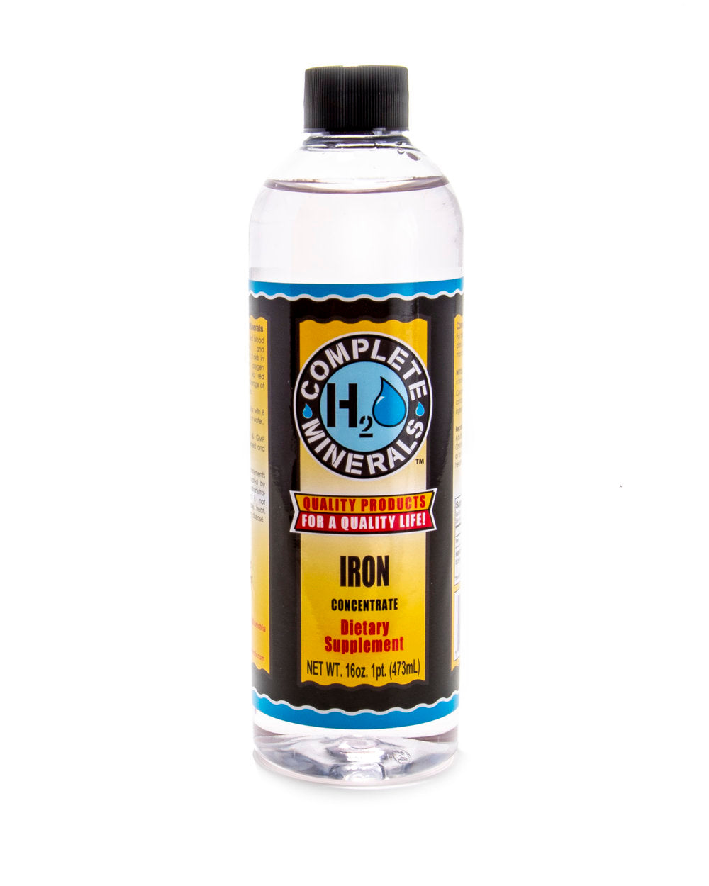 Bottle of Complete Minerals H2O Iron supplement on a white background. NET WT. 16 oz 1 pint (473 mL)