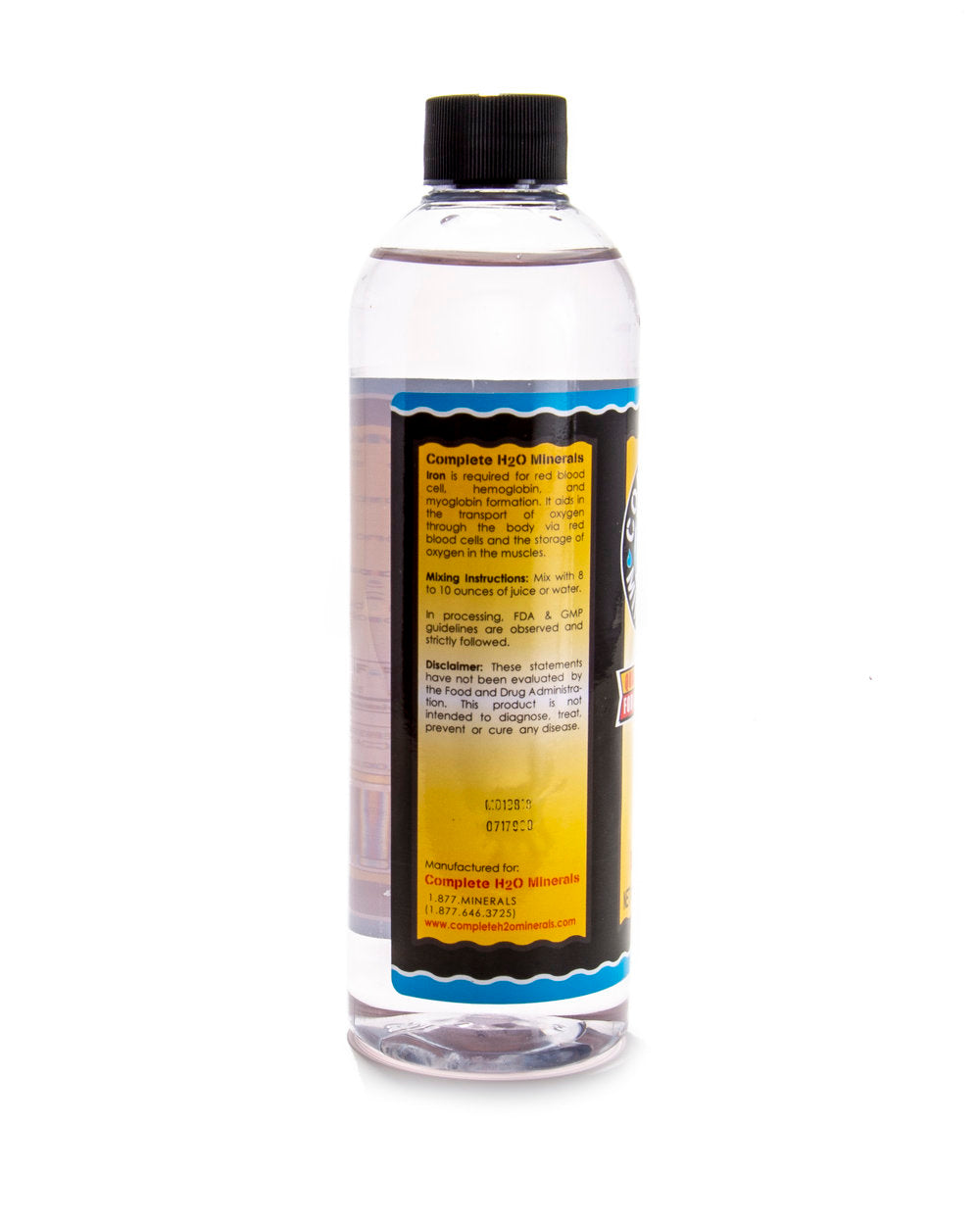Bottle of liquid with a label on a white background