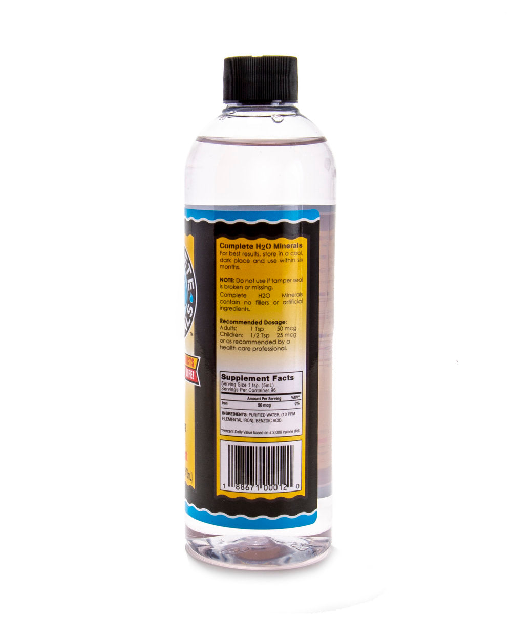 Clear bottle with a black cap and label on a white background