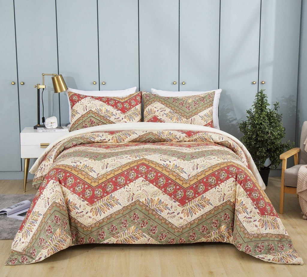 DaDa Bedding Cranberry Sage Floral Chevron Duvet Cover Set