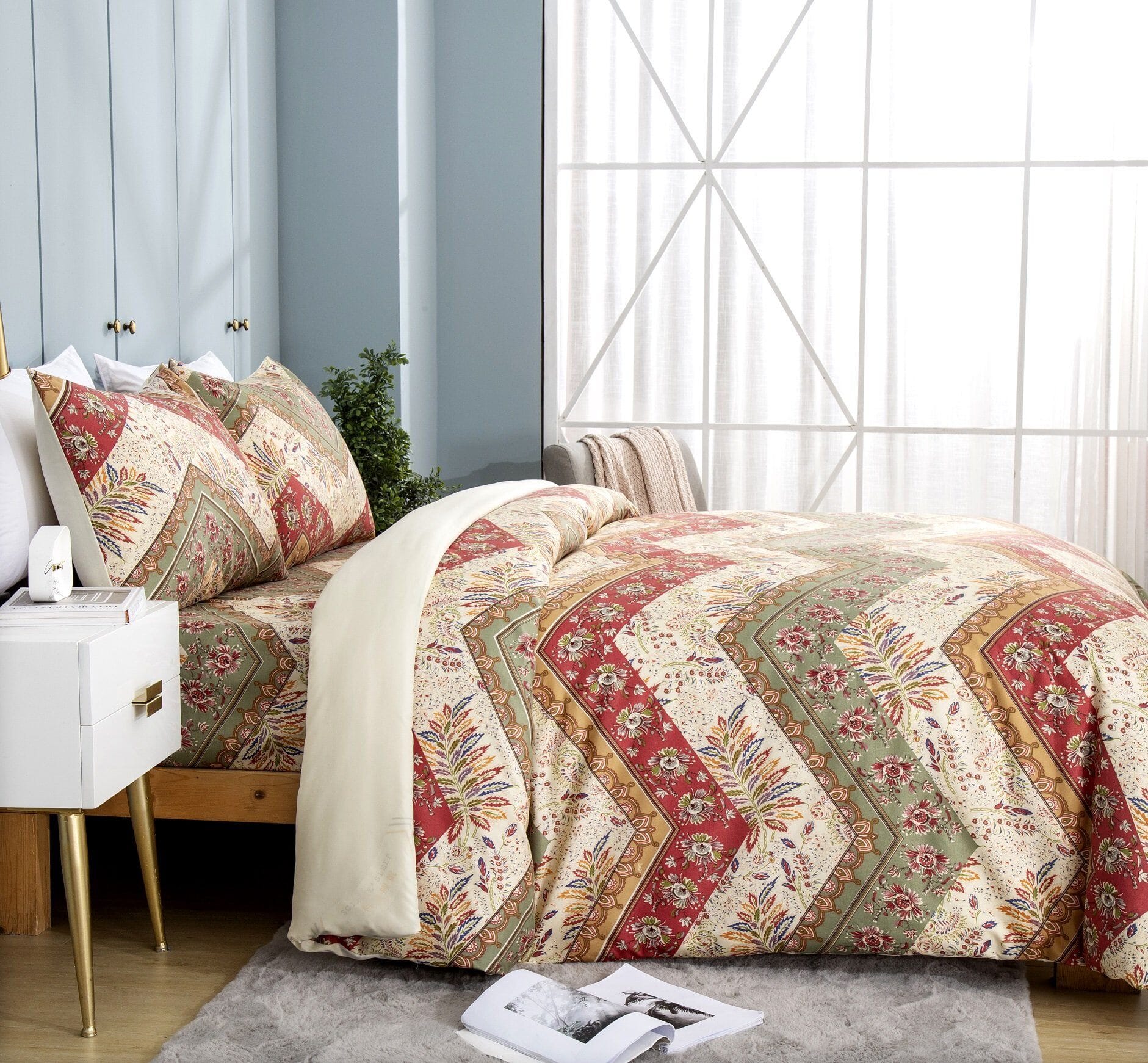 DaDa Bedding Cranberry Sage Floral Chevron Duvet Cover Set