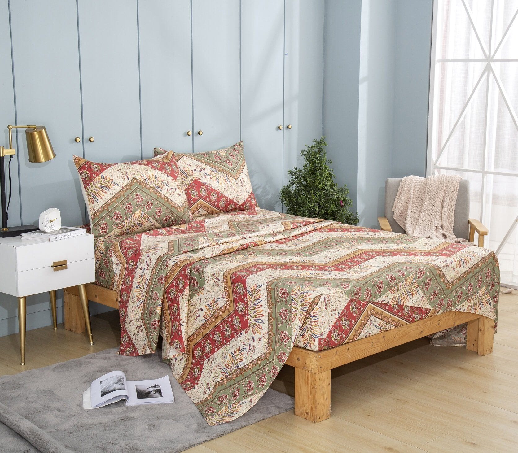 DaDa Bedding Cranberry Sage Floral Flat Sheet Set