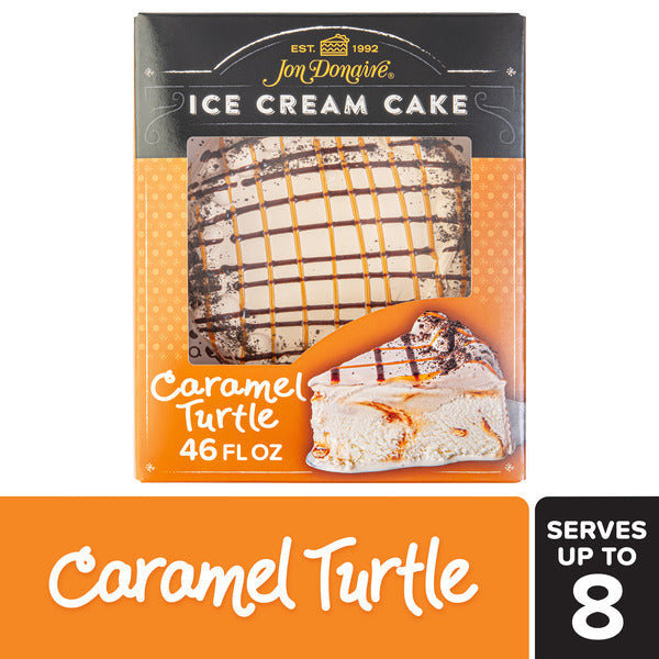 Box of Jon Donaire Caramel Turtle ice cream cake with a slice of cake on a white background. JON DONAIRE Caramel Turtle Ice Cream Cake, Serves 8