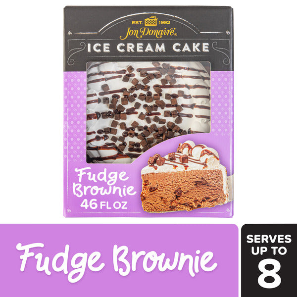 Jon Donaire fudge brownie ice cream cake packaging with a slice of cake on a white background. JON DONAIRE Fudge Brownie Ice Cream Cake – Chocolate Frozen Dessert, Serves 8 | Rich Fudge Brownies & Creamy Ice Cream Cake