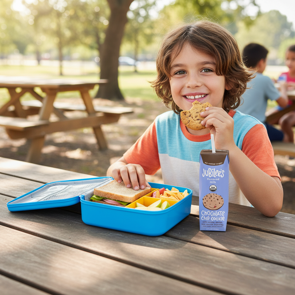 Child eating a cookie at a picnic table with a lunchbox and Juulers chocolate chip cookies box.