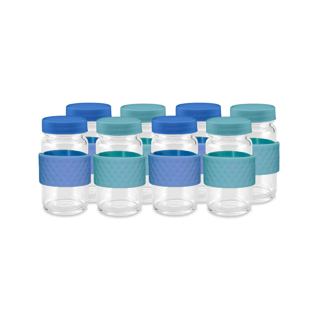 Glass Juice Shot Bottles Set w/ Colored Lids & Grip Bands, 8 Pack Set, 2oz