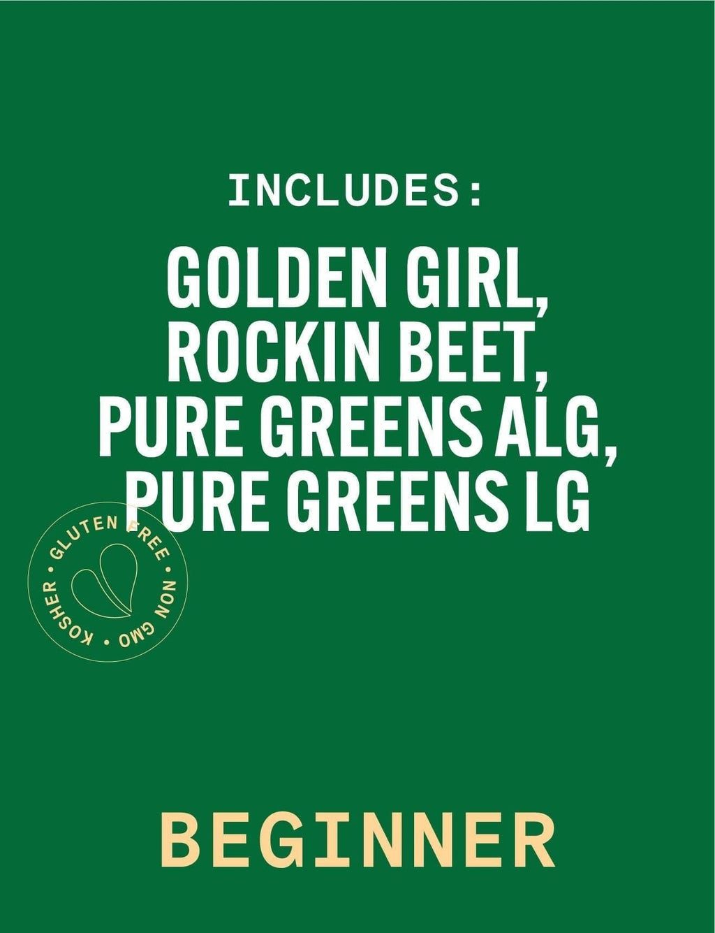 Green background with white text listing product names and a green logo on the left side. Pure Green Juice 'Til Dinner, Cold Pressed Juice Drink 4pk: NON-GMO, No Added Sugar, Gluten Free Juice Drink
