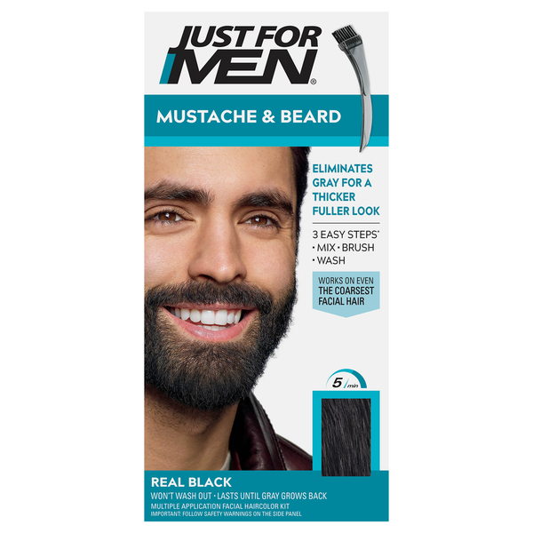 Just For Men Mustache & Beard Hair Color Kit in Real Black (M-55) packaging with beard dye brush applicator and color shade sample.
