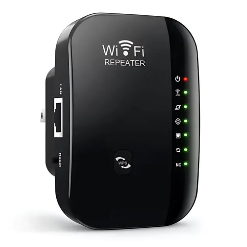 Black Wi-Fi repeater on a white background