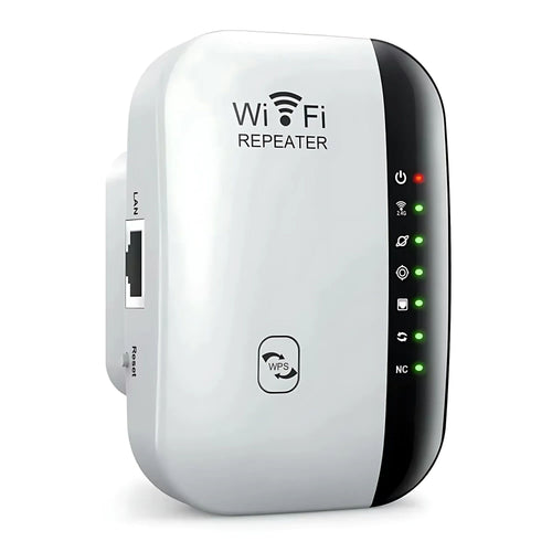 White and black Wi-Fi repeater on a white background