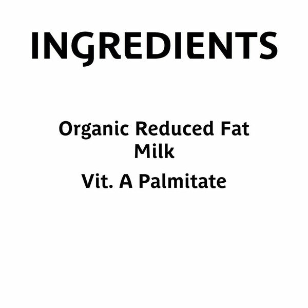 Organic reduced fat milk ingredients label listing organic reduced fat milk and vitamin A palmitate.