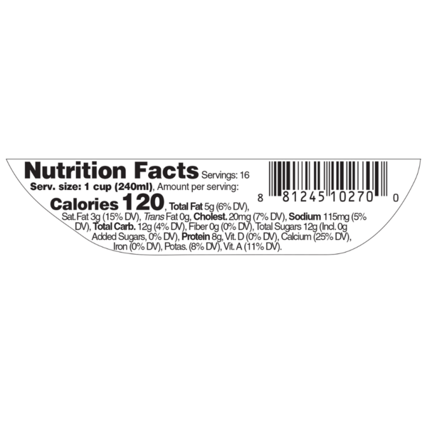 Nutrition Facts panel and UPC barcode for Kalona SuperNatural Organic 2% reduced fat grass-fed milk, showing 120 calories per 1 cup serving, 16 servings per gallon, and nutritional information.