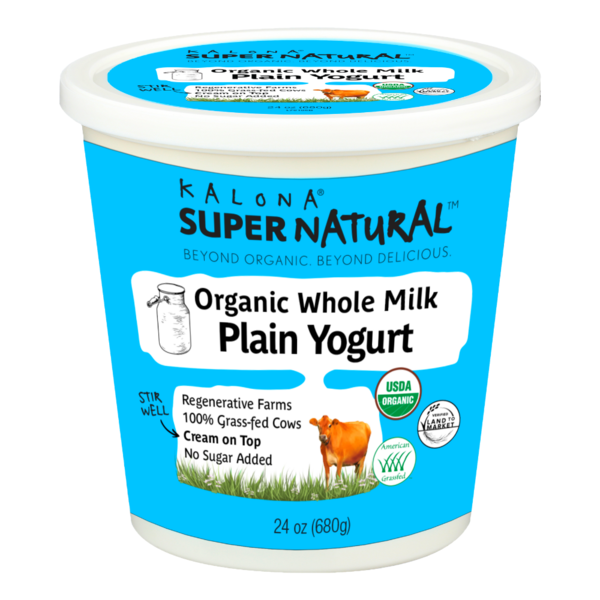K¡lona Super Natural organic whole milk plain yogurt container on a white background. 24 oz (680g) USDA Organic