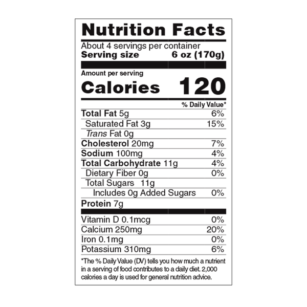 Nutrition facts label for a food product with serving size, calories, and nutritional content details. Kalona SuperNatural Organic, Whole Milk Plain Yogurt, USDA Certified Organic - 24 oz (680g)