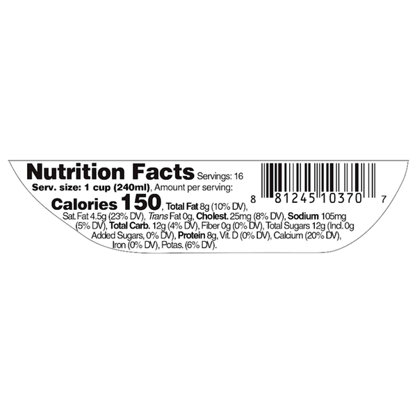 Nutrition Facts panel for Kalona SuperNatural Organic Whole Milk, 1 Gallon, showing serving size 1 cup (240 mL), 150 calories per serving, 8g total fat, 12g carbohydrates, 8g protein, and barcode.
