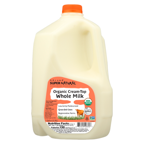 Kalona SuperNatural Organic Cream-Top Whole Milk, 1 Gallon, USDA Organic, grass-fed cows, low-temperature pasteurized, regenerative farm milk in plastic gallon jug.
