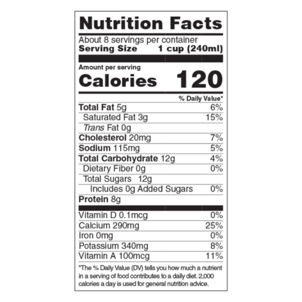Nutrition Facts label for Kalona SuperNatural Organic 2% Reduced Fat Milk showing 120 calories per 1 cup (240 mL) serving, 5g fat, 8g protein, 12g carbohydrates, 290mg calcium, and 340mg potassium.