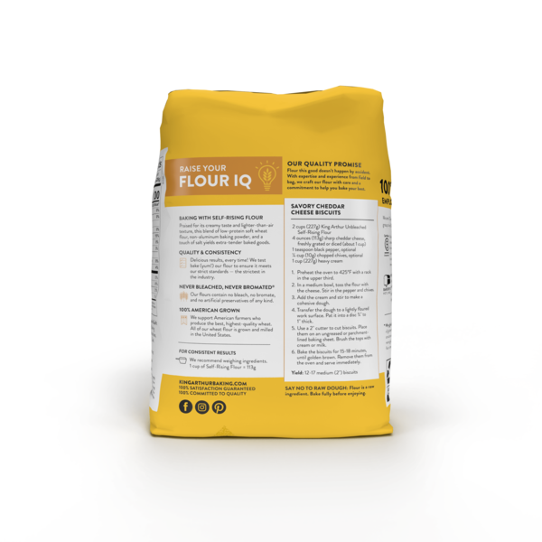 King Arthur Baking Company Unbleached Self-Rising Flour 5 lb bag, back view showing baking directions, recipe, quality promise, barcode, and yellow-and-white paper packaging.